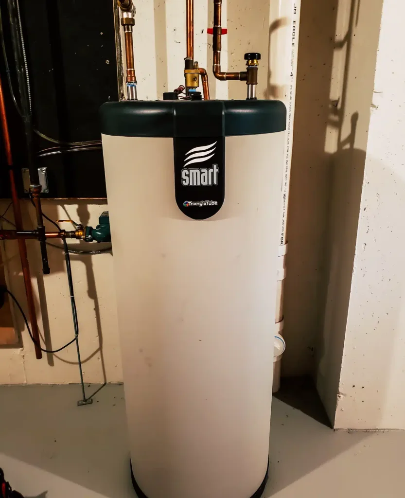 TriangleTube indirect water heater installed by Rare Breed Plumbing in a Utah basement
