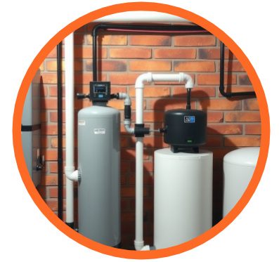 Water softener system installed in basement.